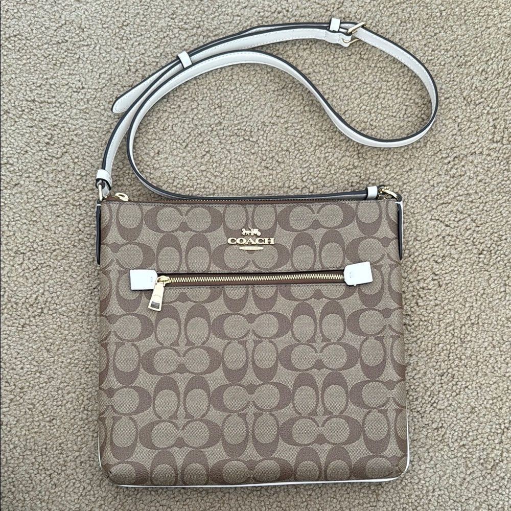 Coach Brown and White Crossbody Bag with Signature Monogram